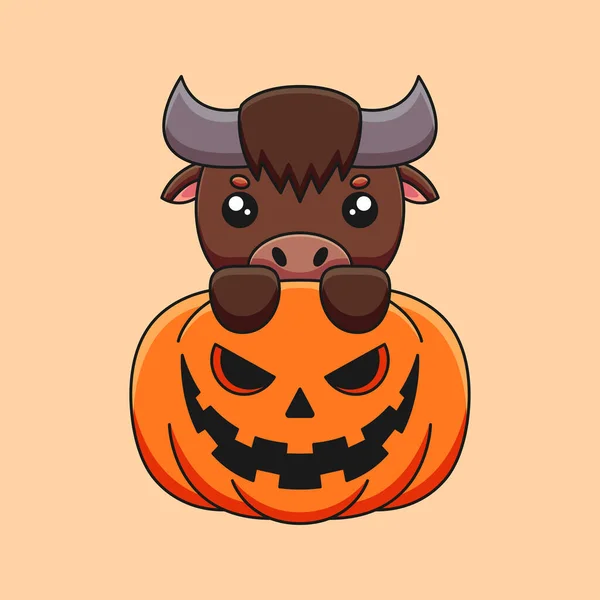 Lindo Calabaza Búfalo Halloween Dibujos Animados Mascota Doodle Arte Dibujado — Vector de stock