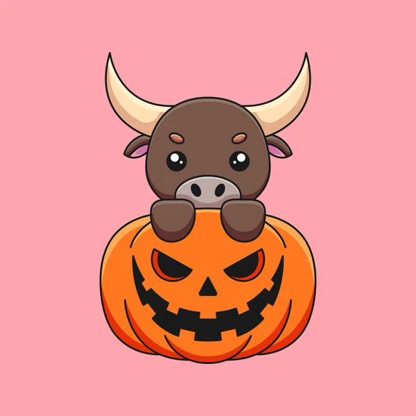 Lindo Toro Calabaza Halloween Mascota Dibujos Animados Doodle Arte Dibujado — Vector de stock