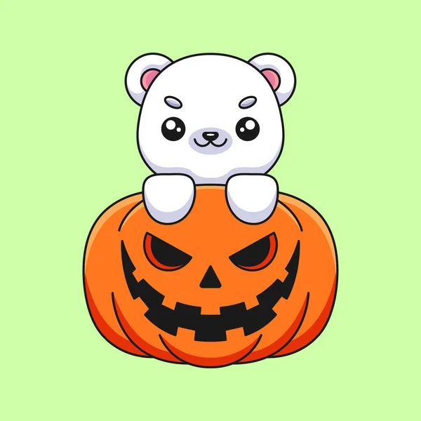 Mignonne Citrouille Ours Polaire Halloween Dessin Animé Mascotte Doodle Art — Image vectorielle