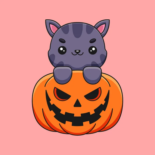 Bonito Abóbora Gato Halloween Cartoon Mascote Doodle Arte Mão Desenhado — Vetor de Stock