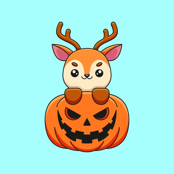 Lindo Ciervo Calabaza Halloween Dibujos Animados Mascota Doodle Arte Dibujado — Vector de stock