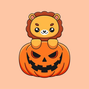 Tatlı balkabağı aslanı cadılar bayramı maskotu karalama sanat el çizimi konsept vektör kawaii ikon illüstrasyonu