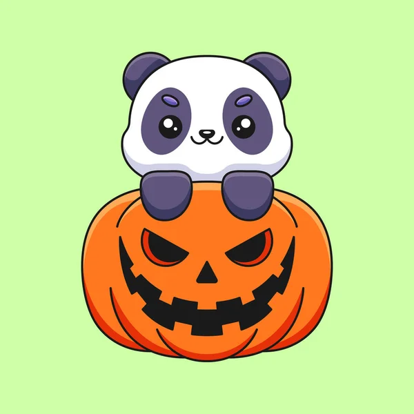 Söt Pumpa Panda Halloween Tecknad Maskot Klotter Konst Hand Ritat — Stock vektor