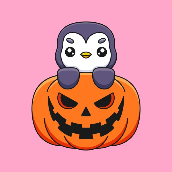 Söt Pumpa Pingvin Halloween Tecknad Maskot Klotter Konst Handritade Koncept — Stock vektor