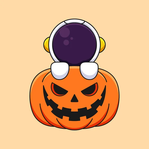 Lindo Astronauta Calabaza Halloween Dibujos Animados Mascota Doodle Arte Dibujado — Vector de stock