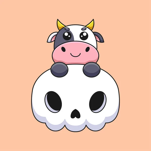 Lindo Cráneo Vaca Halloween Dibujos Animados Mascota Doodle Arte Mano — Vector de stock