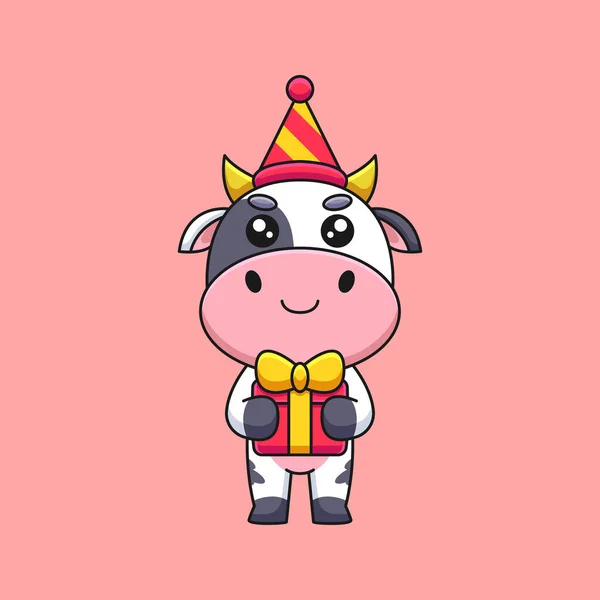 Lindo Cumpleaños Vaca Dibujos Animados Mascota Doodle Arte Dibujado Mano — Vector de stock