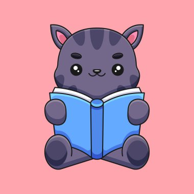 Şirin kedi okuma maskotu karalama sanat el çizimi konsept vektör kawaii ikon illüstrasyonu