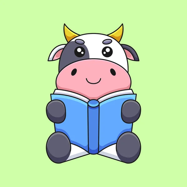 Lindo Vaca Lectura Libro Dibujos Animados Mascota Doodle Arte Dibujado — Vector de stock