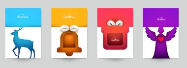 Kapaklar, davetiyeler, posterler, afişler, afişler, afişler için arka plan ayarlayın. Markalaşma için minimal şablon tasarımı, kış yılbaşı kompozisyonu kağıt kesimi tarzında reklam. Vektör illüstrasyonu.