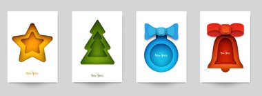 Kapaklar, davetiyeler, posterler, afişler, afişler, afişler için arka plan ayarlayın. Markalaşma için minimal şablon tasarımı, kış yılbaşı kompozisyonu kağıt kesimi tarzında reklam. Vektör illüstrasyonu.