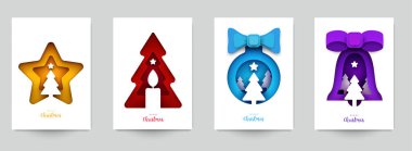 Kapaklar, davetiyeler, posterler, afişler, afişler, afişler için arka plan ayarlayın. Markalaşma için minimal şablon tasarımı, kış yılbaşı kompozisyonu kağıt kesimi tarzında reklam. Vektör illüstrasyonu.