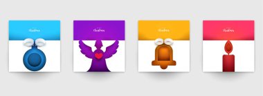 Kapaklar, davetiyeler, posterler, afişler, afişler, afişler için arka plan ayarlayın. Markalaşma için minimal şablon tasarımı, kış yılbaşı kompozisyonu kağıt kesimi tarzında reklam. Vektör illüstrasyonu.