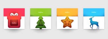 Kapaklar, davetiyeler, posterler, afişler, afişler, afişler için arka plan ayarlayın. Markalaşma için minimal şablon tasarımı, kış yılbaşı kompozisyonu kağıt kesimi tarzında reklam. Vektör illüstrasyonu.