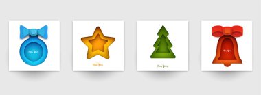 Kapaklar, davetiyeler, posterler, afişler, afişler, afişler için arka plan ayarlayın. Markalaşma için minimal şablon tasarımı, kış yılbaşı kompozisyonu kağıt kesimi tarzında reklam. Vektör illüstrasyonu.