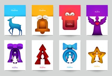 Kapaklar, davetiyeler, posterler, afişler, afişler, afişler için arka plan ayarlayın. Markalaşma için minimal şablon tasarımı, kış yılbaşı kompozisyonu kağıt kesimi tarzında reklam. Vektör illüstrasyonu.