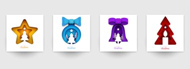 Kapaklar, davetiyeler, posterler, afişler, afişler, afişler için arka plan ayarlayın. Markalaşma için minimal şablon tasarımı, kış yılbaşı kompozisyonu kağıt kesimi tarzında reklam. Vektör illüstrasyonu.