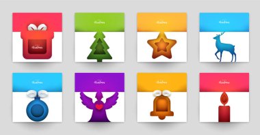 Kapaklar, davetiyeler, posterler, afişler, afişler, afişler için arka plan ayarlayın. Markalaşma için minimal şablon tasarımı, kış yılbaşı kompozisyonu kağıt kesimi tarzında reklam. Vektör illüstrasyonu.