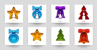 Kapaklar, davetiyeler, posterler, afişler, afişler, afişler için arka plan ayarlayın. Markalaşma için minimal şablon tasarımı, kış yılbaşı kompozisyonu kağıt kesimi tarzında reklam. Vektör illüstrasyonu.