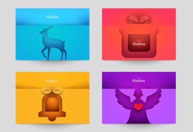 Kapaklar, davetiyeler, posterler, afişler, afişler, afişler için arka plan ayarlayın. Markalaşma için minimal şablon tasarımı, kış yılbaşı kompozisyonu kağıt kesimi tarzında reklam. Vektör illüstrasyonu.