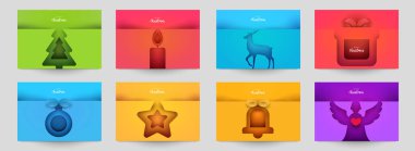 Kapaklar, davetiyeler, posterler, afişler, afişler, afişler için arka plan ayarlayın. Markalaşma için minimal şablon tasarımı, kış yılbaşı kompozisyonu kağıt kesimi tarzında reklam. Vektör illüstrasyonu.