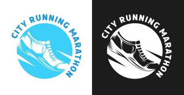 Spor koşusu için şablon logosu, etiket, amblem veya rozet. Kulübün tek renkli ve renkli tasarım unsurlarını, maraton etkinliğini, tişört markasını ayarlayın. Modern vektör illüstrasyonu.