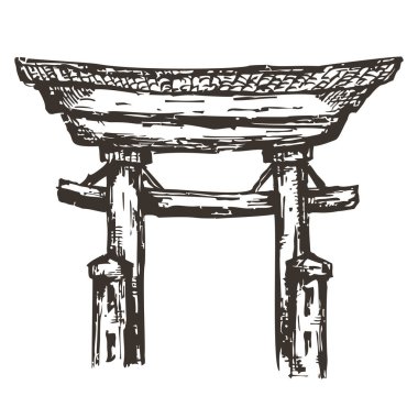 Vektör el, Japon Torii kapısını beyaz arka planda izole etti. Eskiz vintage tarzında tek renkli illüstrasyon.