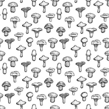 Beyaz arka planda izole edilmiş mantarlı kusursuz monokrom deseni. Taze organik gıda, tekstil ve reklamları damgalamak için bir şablon. Vektör illüstrasyonu.