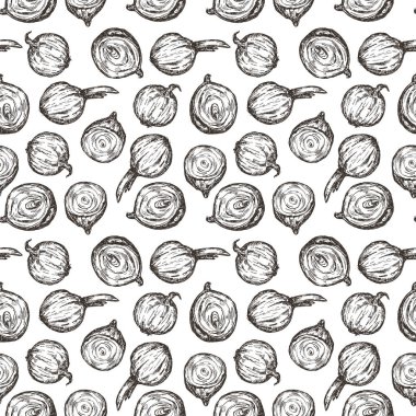 Beyaz arka planda soğan izole edilmiş pürüzsüz tek renkli desen. Taze organik gıda, tekstil ve reklamları damgalamak için bir şablon. Vektör illüstrasyonu.