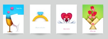 Düğün için koleksiyon şablonları. Modern geometrik kağıt kesim tarzında soyut sanat bileşimini ayarla. Pankart, el ilanı, davetiye ve tebrik kartı için minyatür konsept tasarımı. Vektör illüstrasyonu.