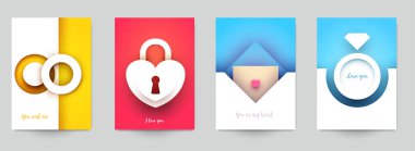 Düğün için koleksiyon şablonları. Modern geometrik kağıt kesim tarzında soyut sanat bileşimini ayarla. Pankart, el ilanı, davetiye ve tebrik kartı için minyatür konsept tasarımı. Vektör illüstrasyonu.