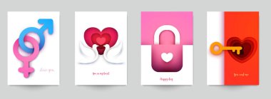 Düğün için koleksiyon şablonları. Modern geometrik kağıt kesim tarzında soyut sanat bileşimini ayarla. Pankart, el ilanı, davetiye ve tebrik kartı için minyatür konsept tasarımı. Vektör illüstrasyonu.