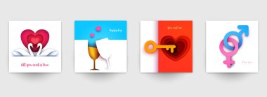 Düğün için koleksiyon şablonları. Modern geometrik kağıt kesim tarzında soyut sanat bileşimini ayarla. Pankart, el ilanı, davetiye ve tebrik kartı için minyatür konsept tasarımı. Vektör illüstrasyonu.