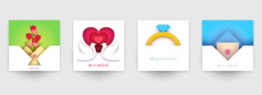 Düğün için koleksiyon şablonları. Modern geometrik kağıt kesim tarzında soyut sanat bileşimini ayarla. Pankart, el ilanı, davetiye ve tebrik kartı için minyatür konsept tasarımı. Vektör illüstrasyonu.