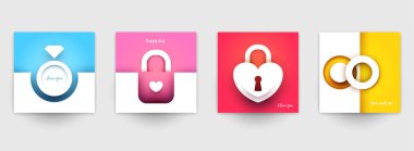 Düğün için koleksiyon şablonları. Modern geometrik kağıt kesim tarzında soyut sanat bileşimini ayarla. Pankart, el ilanı, davetiye ve tebrik kartı için minyatür konsept tasarımı. Vektör illüstrasyonu.