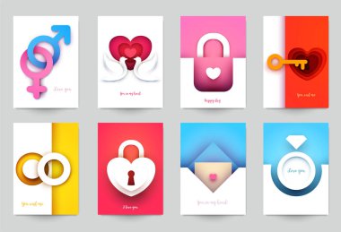 Düğün için koleksiyon şablonları. Modern geometrik kağıt kesim tarzında soyut sanat bileşimini ayarla. Pankart, el ilanı, davetiye ve tebrik kartı için minyatür konsept tasarımı. Vektör illüstrasyonu.