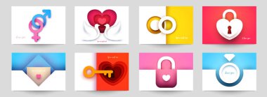 Düğün için koleksiyon şablonları. Modern geometrik kağıt kesim tarzında soyut sanat bileşimini ayarla. Pankart, el ilanı, davetiye ve tebrik kartı için minyatür konsept tasarımı. Vektör illüstrasyonu.