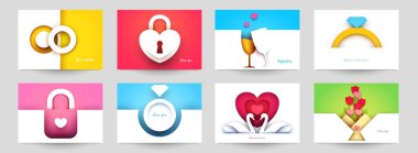 Düğün için koleksiyon şablonları. Modern geometrik kağıt kesim tarzında soyut sanat bileşimini ayarla. Pankart, el ilanı, davetiye ve tebrik kartı için minyatür konsept tasarımı. Vektör illüstrasyonu.