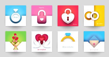 Düğün için koleksiyon şablonları. Modern geometrik kağıt kesim tarzında soyut sanat bileşimini ayarla. Pankart, el ilanı, davetiye ve tebrik kartı için minyatür konsept tasarımı. Vektör illüstrasyonu.