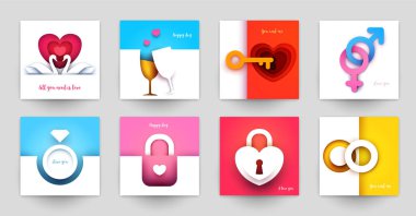 Düğün için koleksiyon şablonları. Modern geometrik kağıt kesim tarzında soyut sanat bileşimini ayarla. Pankart, el ilanı, davetiye ve tebrik kartı için minyatür konsept tasarımı. Vektör illüstrasyonu.