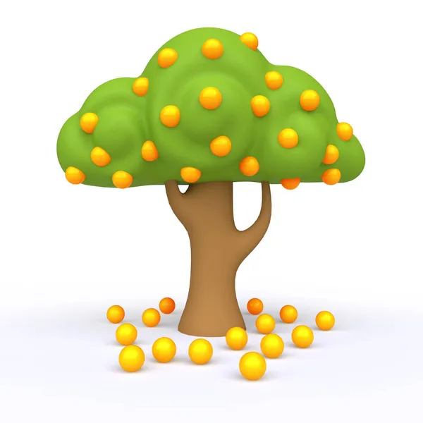 卡通绿树 果实呈橙色 背景为白色 五彩缤纷的现代简约主义概念呈现 风趣的儿童粘土 塑料或木制品玩具 现实的时尚3D例证 — 图库照片