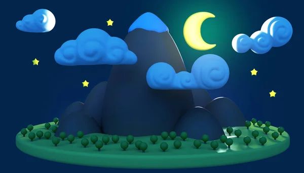 Cartoni Animati Notte Natura Paesaggio Con Montagna Concetto Minimalista Moderno — Foto Stock