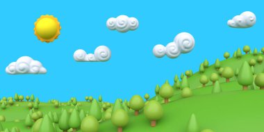 Karikatür doğa, ağaçlı yeşil yaz manzarası. Renkli modern minimalist konsept oluşturma. Komik çocuklar kil, plastik ya da tahta oyuncaklar. Arkaplan oyunu için gerçekçi 3d görüntü.