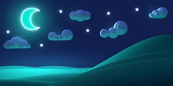 Dibujos Animados Naturaleza Noche Verano Paisaje Con Luna Estrella Colorido — Foto de Stock