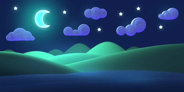 Cartoon Natur Nacht Sommerlandschaft Mit Mond Stern Bunte Moderne Minimalistische — Stockfoto