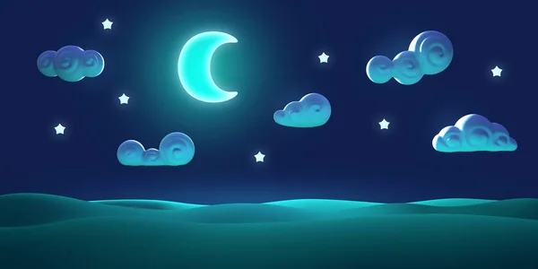 Cartoon Nature Night Summer Landscape Moon Star Colorful Modern Minimalistic — Stock Photo, Image