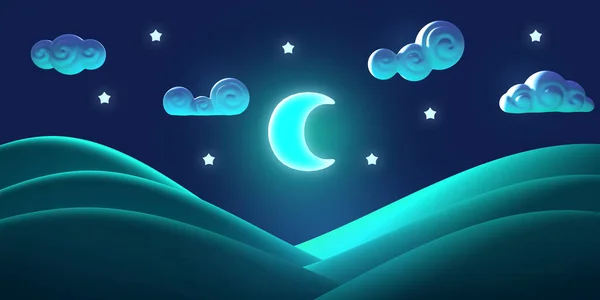 Kreskówka Natura Noc Letni Krajobraz Księżycem Gwiazda Kolorowe Nowoczesne Minimalistyczne — Zdjęcie stockowe