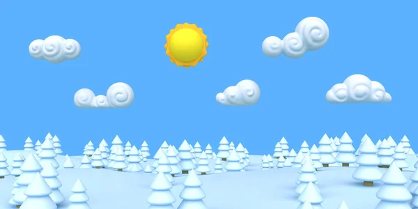 Cartoon Nature Winter Snow Landscape Tree Colorful Modern Minimalistic Concept — Stock Photo, Image