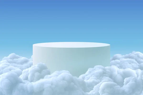 Beyaz Bulutların Içinde Yuvarlak Kaide Podyum Renkli Minimum Konsept Tasarımı — Stok fotoğraf