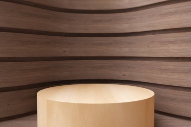 Yuvarlak ahşap kaide ya da podyum. Renkli asgari sergi konsept tasarımı. Sunum ürünü için soyut modern sanat illüstrasyonu. 3D görüntü gösterimi. Mimari arka plan.